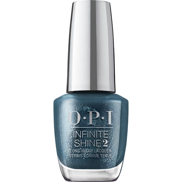 OPI Infinite Shine dark blue shimmer nail polish bottle with silver cap on a white background
