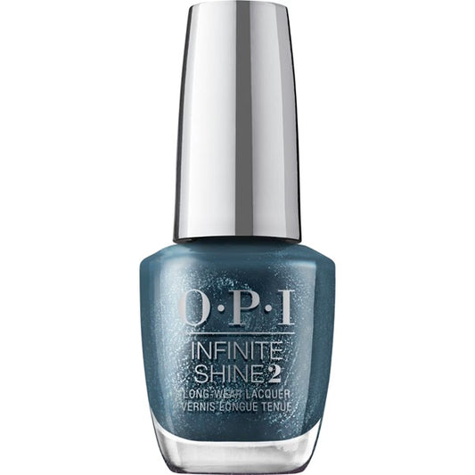 OPI Infinite Shine dark blue shimmer nail polish bottle with silver cap on a white background