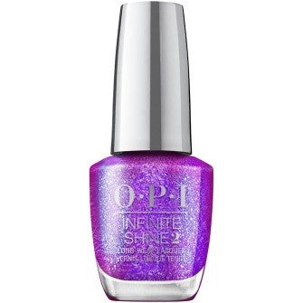A bottle of OPI Infinite Shine Lacquer in a semi-sheer violet purple color with lavender and pink shimmer.