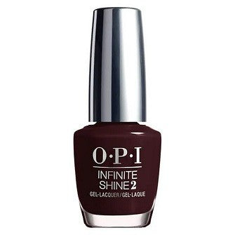 A bottle of OPI Infinite Shine Lacquer nail polish in a deep red color.