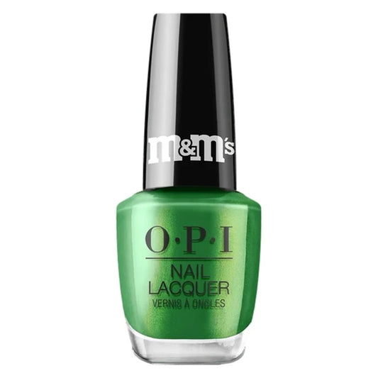 OPI green shimmer nail polish bottle with black cap.