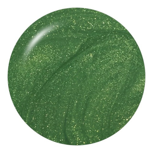 Round green shimmer nail polish swatch.