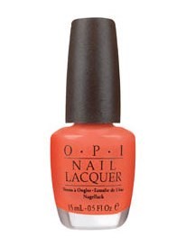 A bottle of OPI Nail Polish in a bright coral orange color with a black cap and label.