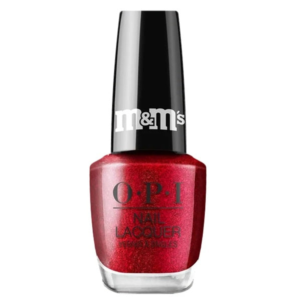 OPI deep crimson red shimmer nail polish bottle with black cap.
