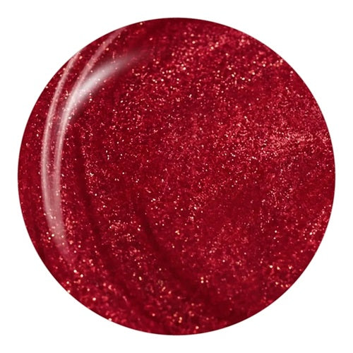 Round deep red shimmer nail polish swatch.