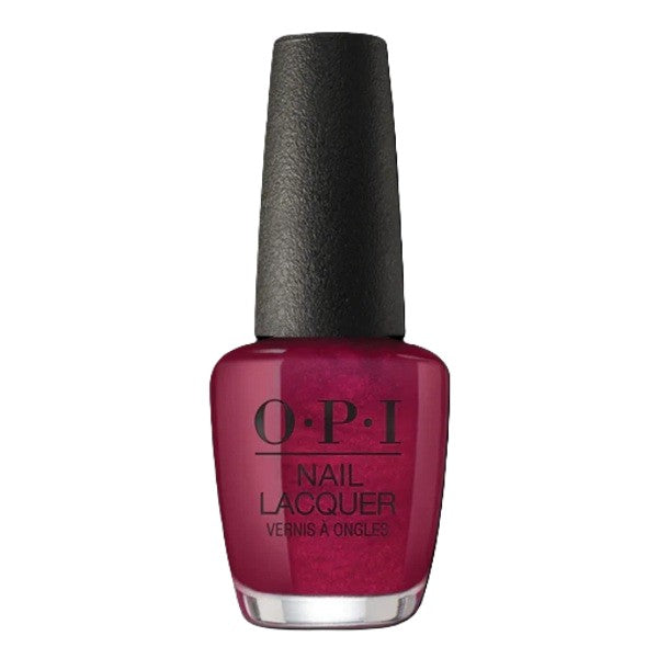 OPI nail polish bottle with dark pink color on a white background