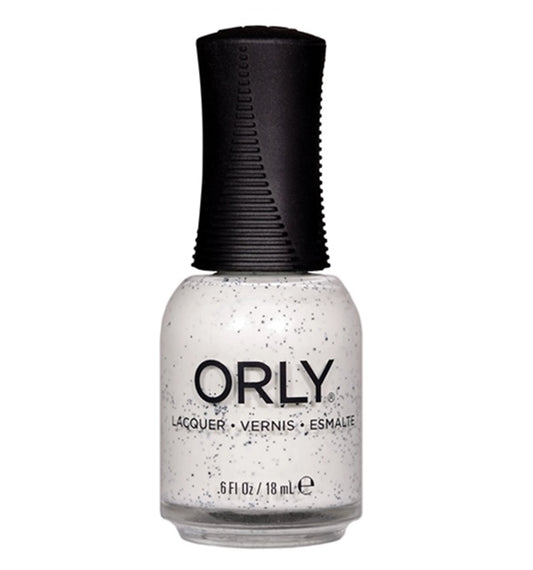 A bottle of Orly nail polish featuring a white creme color with micro-glitter, against a plain background.