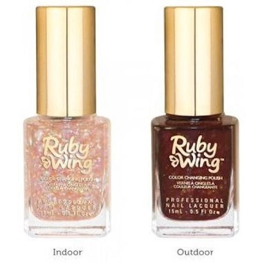 Two bottles of Ruby Wing nail polish, one labeled 'Indoor' and the other 'Outdoor', on a white background.
