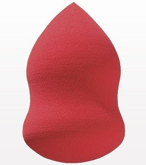 A red oblong makeup blending sponge with a textured surface.