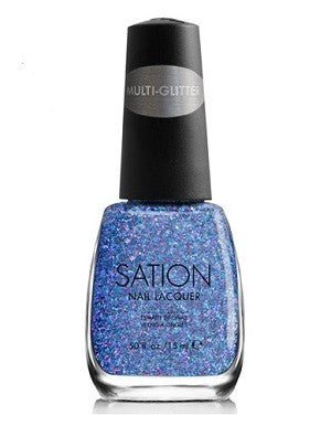A bottle of Sation Multi-Glitter Nail Polish in a dense metallic blue, purple, and silver color with a clear base.