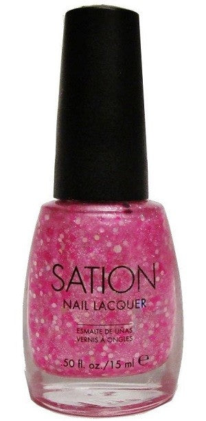 A bottle of Sation Multi-Glitter Nail Polish in a pink translucent jelly base with various sizes of glitter, including hex and micro-glitter.