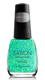A bottle of Sation turqouise and yellow glitter in sheer base with black cap and white background.