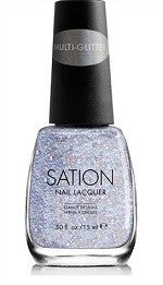 A bottle of Sation nail polish  with purple, red and silver hex glitter mixed with small round silver glitter in a clear base, with black cap.