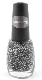A bottle of Sation black and white glitter nail polish with black cap against white background.