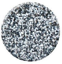 A close-up view of multi-glitter nail polish swatch with a mix of white, silver, and black glitter particles.