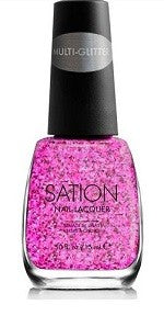 A bottle of Sation Multi-Glitter Nail Polish with a clear base and neon pink hex glitter mixed with black and silver shards, and a label that reads 'Multi-Glitter' and 'Sation'.