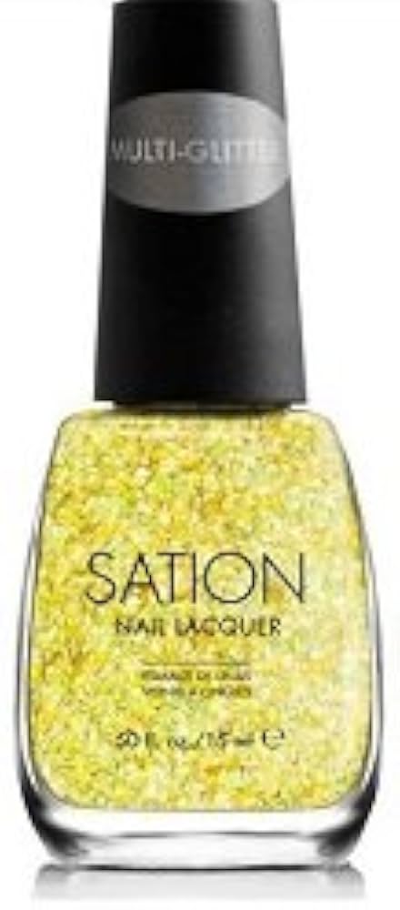 A bottle of Sation Nail Lacquer in a glittery yellow shade, featuring a black cap with a silver 'MULTI-GLITTER' label and a clear glass bottle showing the sparkling sheer yellow polish inside.