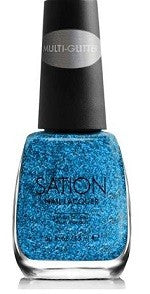 A bottle of Sation Multi-Glitter Nail Polish in a blue color with a glittery finish.