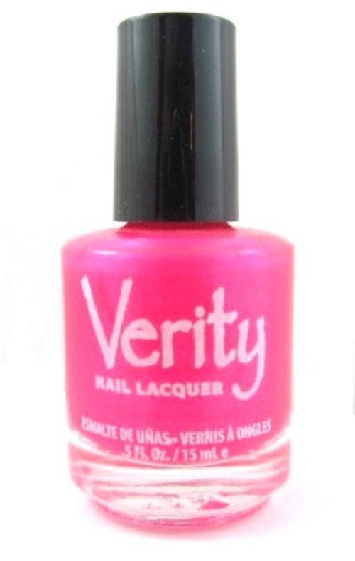 Pink nail polish bottle with black cap on a white background