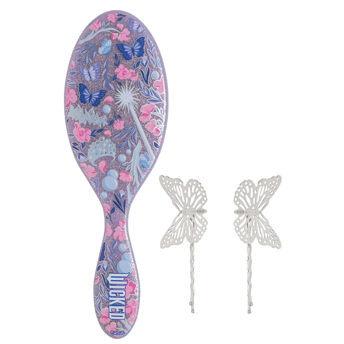 Decorative hairbrush with floral and butterfly design, accompanied by matching hair clips on a white background.