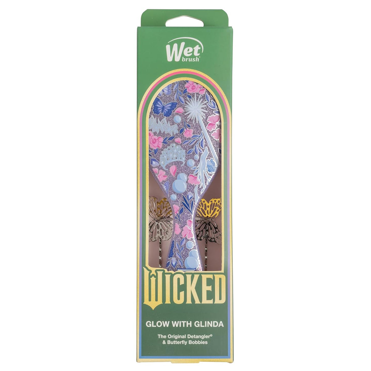 Packaged hairbrush with floral design and 'Wet Brush' branding on a white background