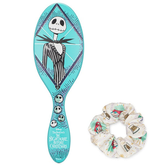 Hairbrush and scrunchie set with 'The Nightmare Before Christmas' design on a white background