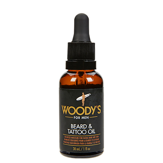 Woody's beard and tattoo oil bottle on a white background