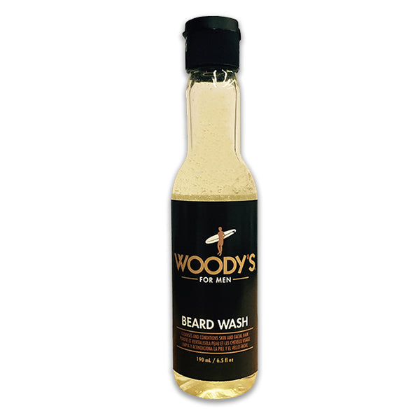 A bottle of Woody's beard wash with black cap.