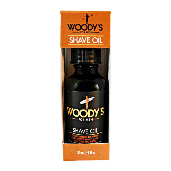 Woody's For Men Shave Oil in a 30 mL (1 fl oz) black bottle with its orange cardboard packaging, shown against a plain white background.