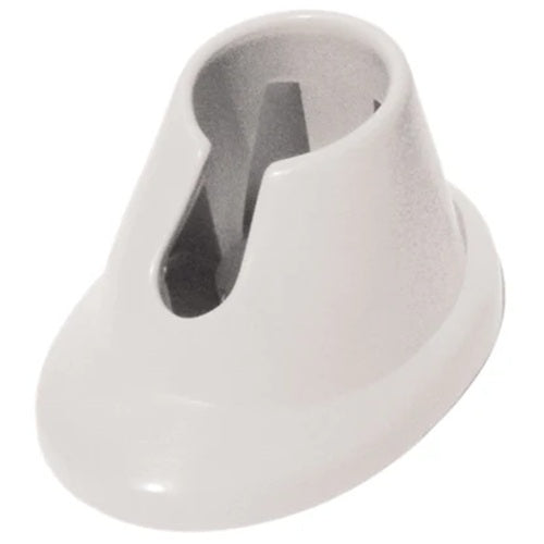 White plastic nail bottle holder with a central hole on a white background