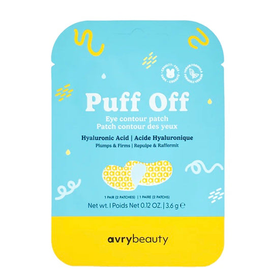 Avry Beauty puff off eye contour patch packaging with blue and yellow design