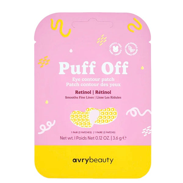 Avry Beauty eye contour patch packaging with pink and yellow design