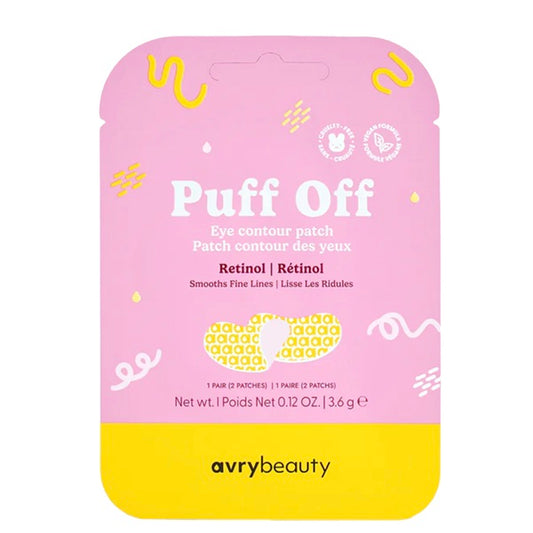 Avry Beauty eye contour patch packaging with pink and yellow design