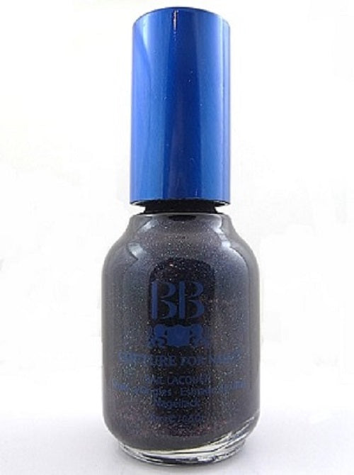 BB Couture nail polish bottle with blue cap and glittery dark blue polish on a white background