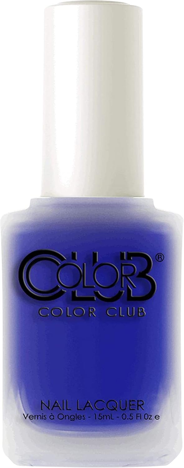 A bottle of Color Club nail lacquer in a vibrant cobalt blue shade, featuring a white cap and black lettering on the front.