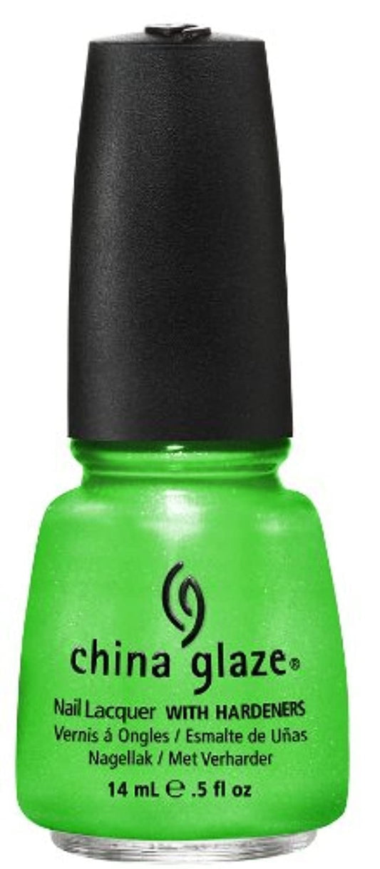 China Glaze lime green shimmer nail polish bottle with black cap and China Glaze logo on a white background