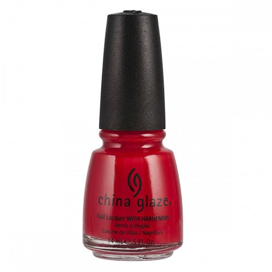A bottle of China Glaze nail polish in a vibrant red shade, featuring a black cap on a white background.