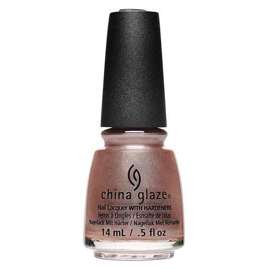 A bottle of China Glaze nail polish in a rose gold shade with a black cap, shown on a plain white background.