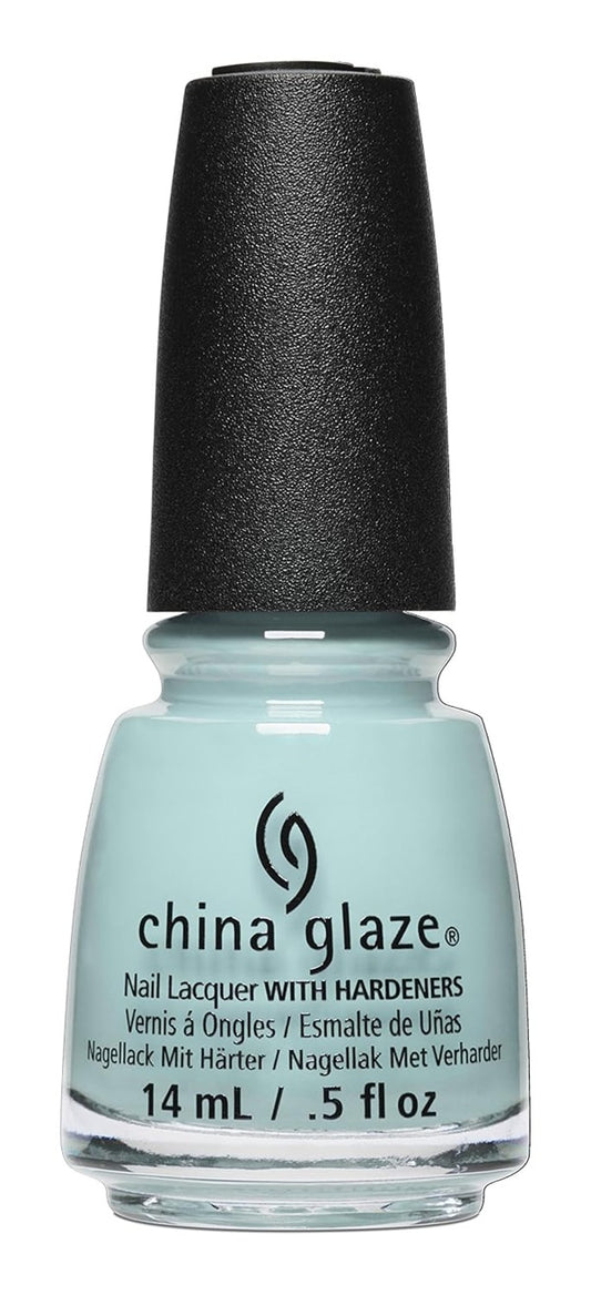 A bottle of China Glaze nail lacquer in a pastel mint blue shade with a black cap, shown against a plain white background.