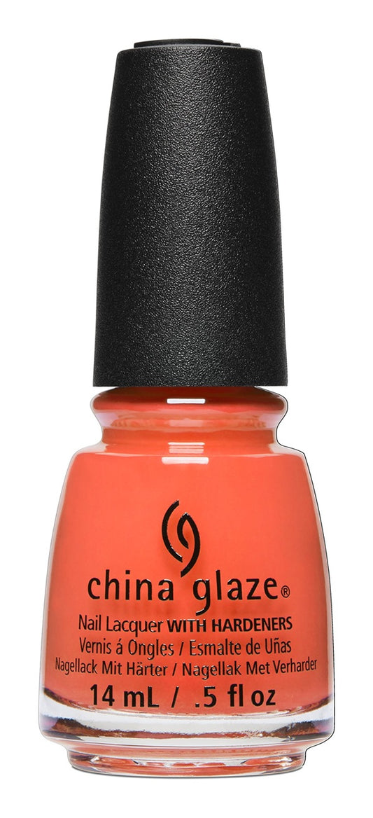 A bottle of China Glaze nail lacquer with hardeners in a vibrant coral orange shade, with  a black cap and white background.