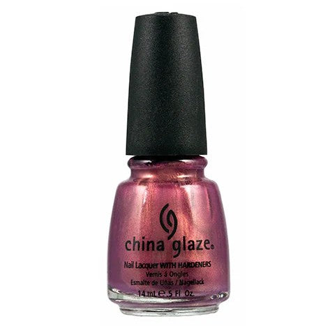 China Glaze nail polish bottle with metallic plum rose color on a white background