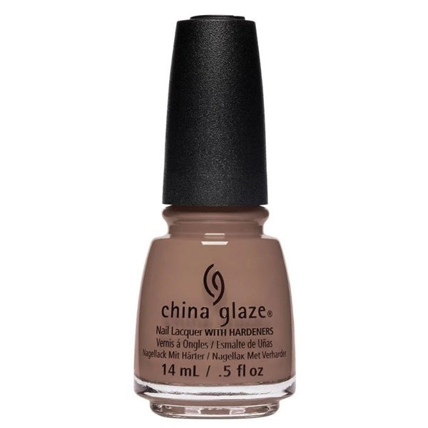 A bottle of China Glaze nail polish in a light brown shade, featuring a black cap on a white background.