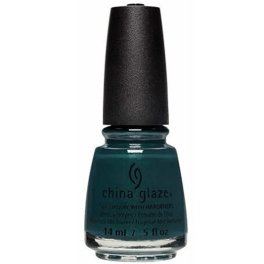 A bottle of China Glaze nail polish in a deep teal blue-green shade, with a black cap on a white background.