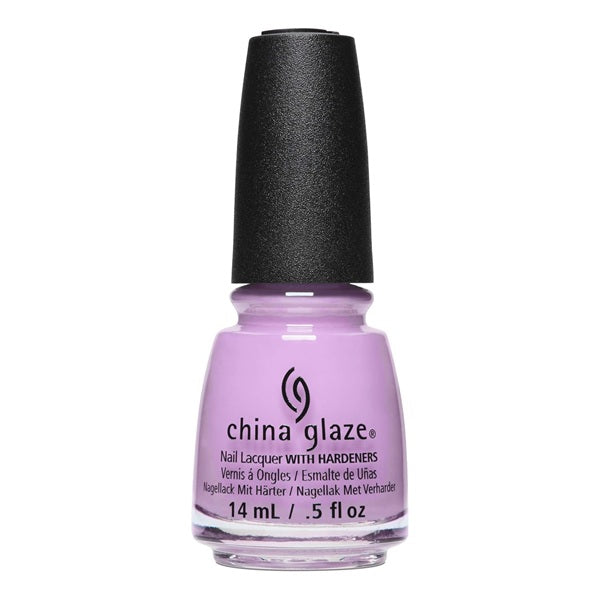 A bottle of China Glaze nail lacquer in the shade of a light lavender purple color with a black cap, on a white background.