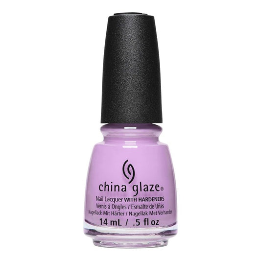 A bottle of China Glaze nail lacquer in the shade of a light lavender purple color with a black cap, on a white background.