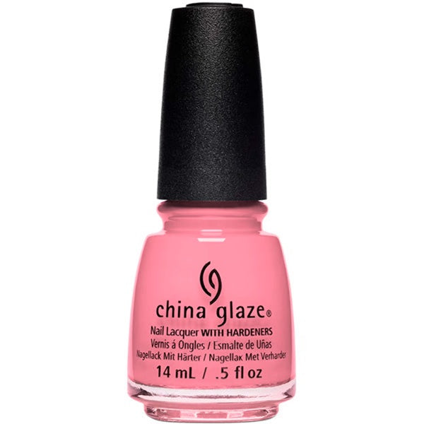 A bottle of China Glaze nail polish in a bright pink shade, with black cap on a white background.