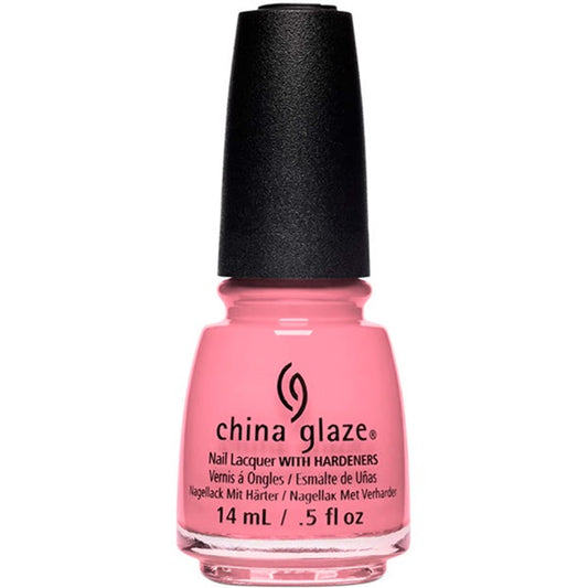 A bottle of China Glaze nail polish in a bright pink shade, with black cap on a white background.