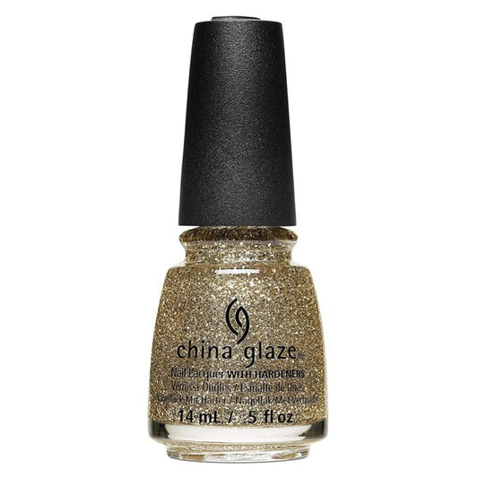 A bottle of China Glaze nail polish with gold glitter polish and a black cap, shown on a plain white background.