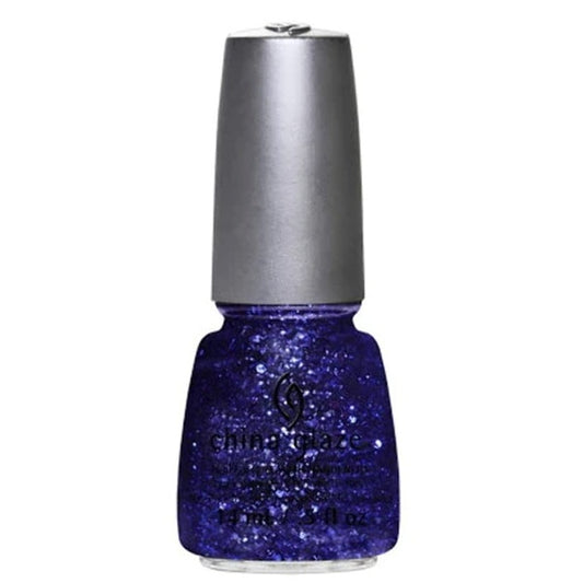 A bottle of China Glaze royal blue/purple glitter nail polish featuring a metallic silver cap, on a plain white background.