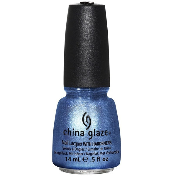 A bottle of China Glaze nail polish in a shimmering metallic blue shade, with a black cap and a plain white background.